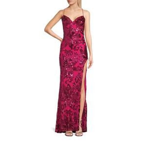 B. Darlin Pattern Sequin Front Slit Strappy Back Long Pink Dress Size 13/14
